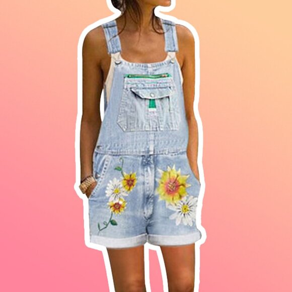 【NWOT】Floral Print Denim Short Overalls - Picture 1 of 8